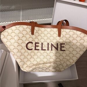 Celine Cream Canvas Tote with Brown Trim and Burgundy Logo Print
